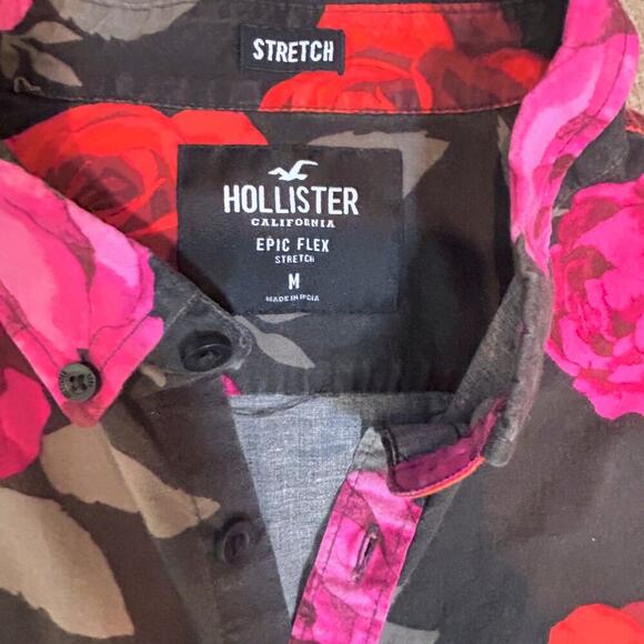 Hollister Hawaiian Floral Roses Vacation Preppy Festival Shirt Medium Stretch - Picture 6 of 9